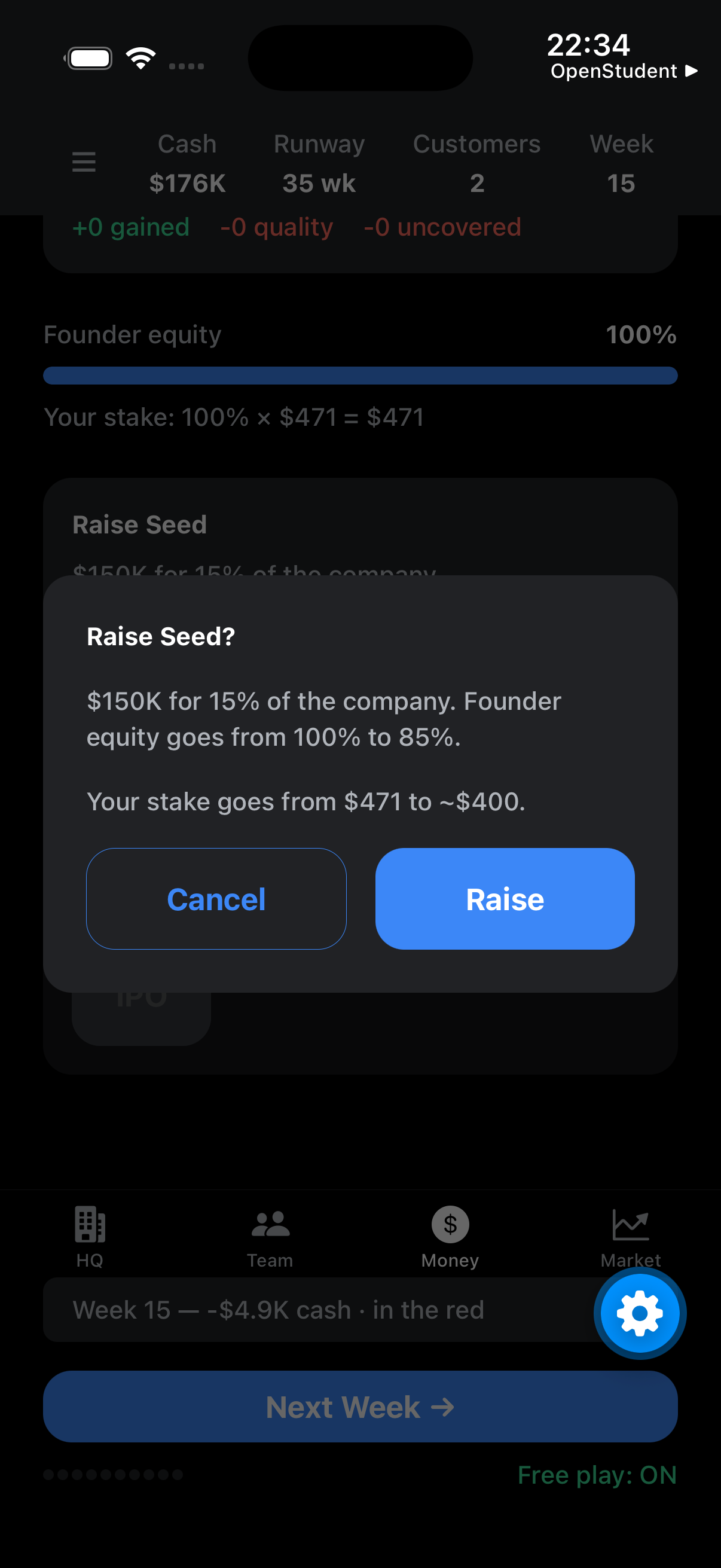 Startup Tycoon fundraising confirmation dialog showing equity dilution